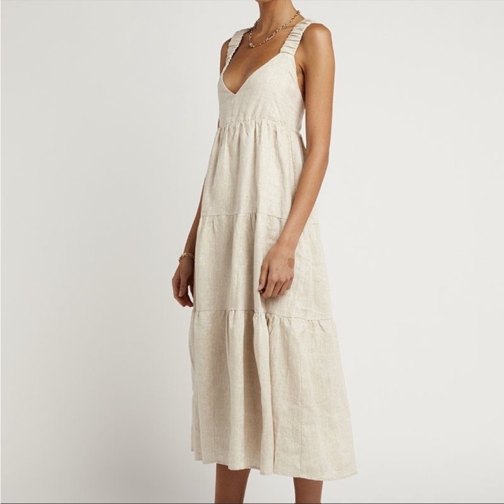 Dissh Amy Natural Linen Dress US size 10 Cross Back V Neck Midi Tiered Lined